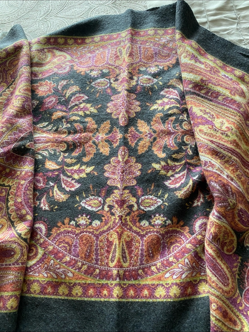 La Fiorentina Wool Charcoal Paisley Throw with Pink and Gold Accents